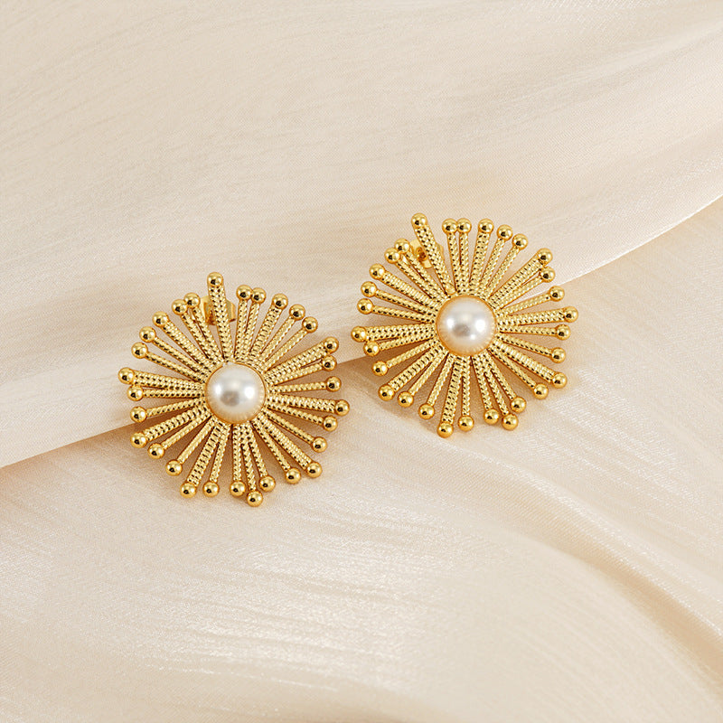 Rina Flower Pearl Stud Earrings — view 2